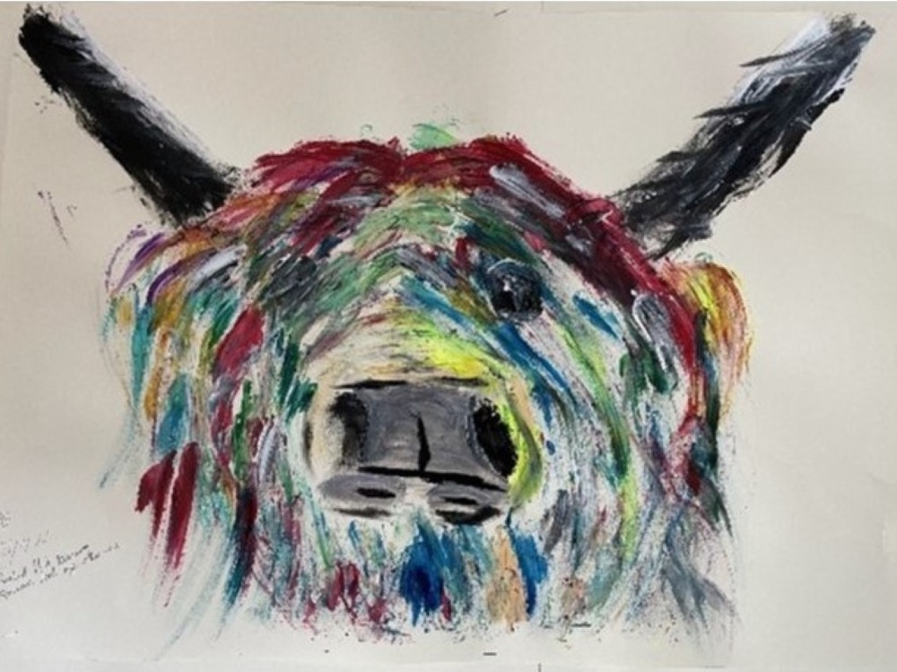 An oil painting of a highland cow