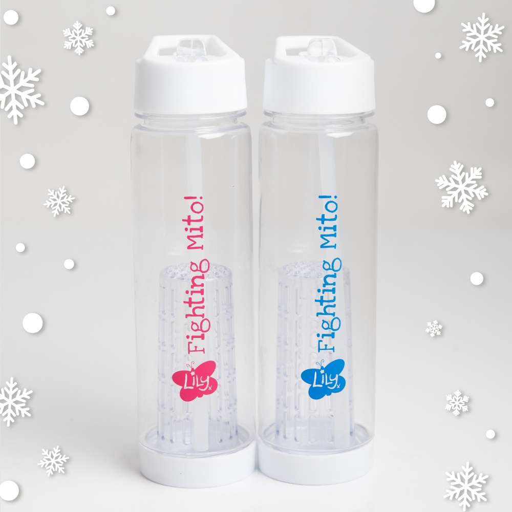 Two transparent water bottles with the Lily Foundation logo and the words fighting mito, one with pink text, one with blue.