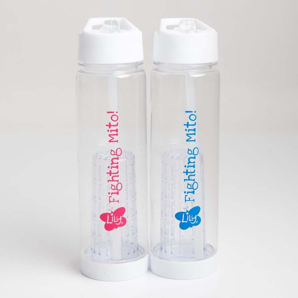 Two transparent water bottles with the Lily Foundation logo and the words fighting mito, one with blue text, one with pink.