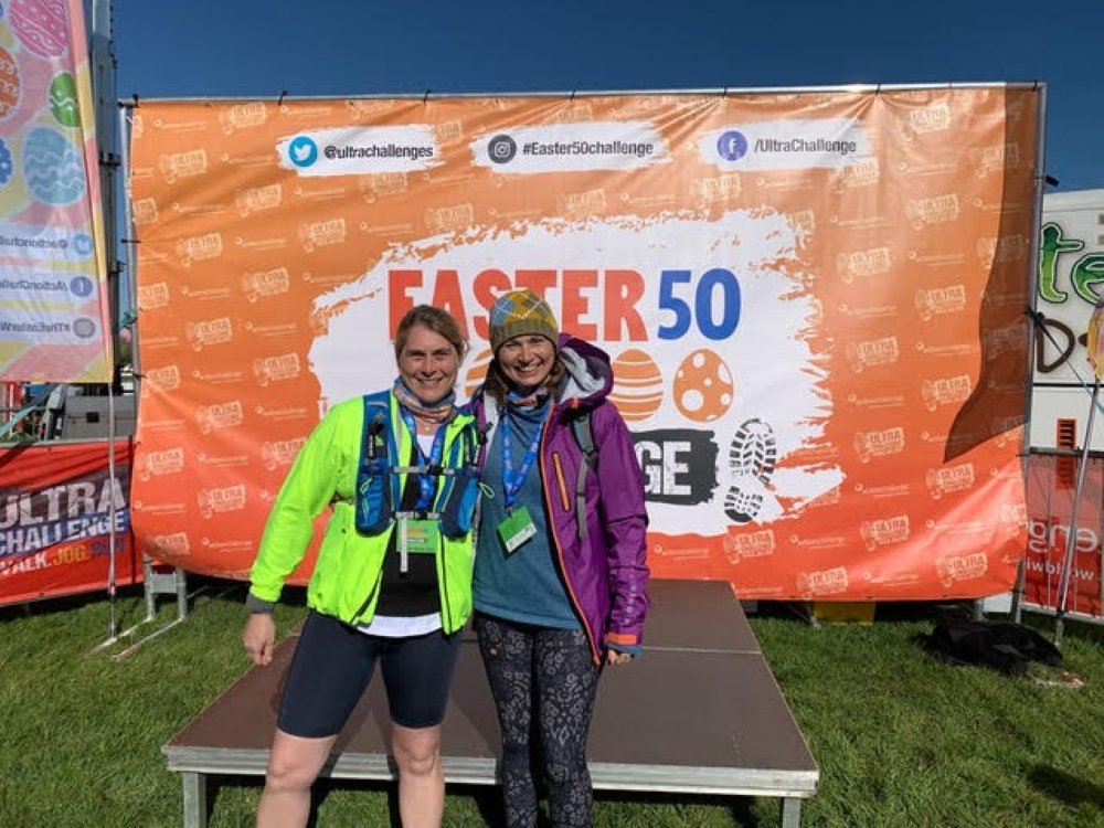 Easter 50 Ultra Challenge 2025 - Two Lily competitors standing at the finish of the Easter Ultra charity challenge