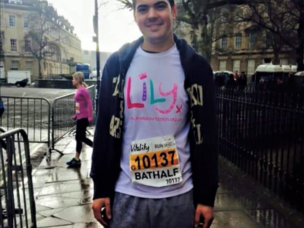 Bath Half Marathon - Man wearing a Lily Foundation T shirt and Bath Half race number