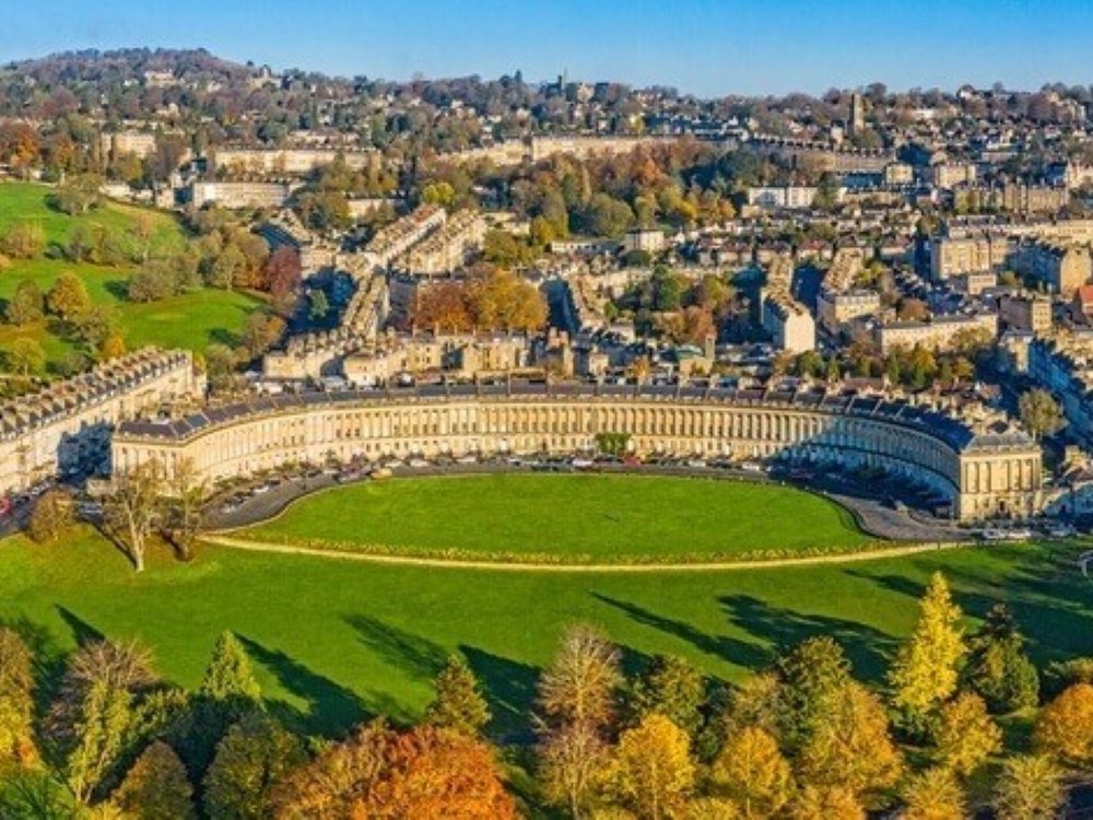 Bath 50 Ultra Challenge 2025 - Aerial view of the city of Bath and the iconic Bath Crescent