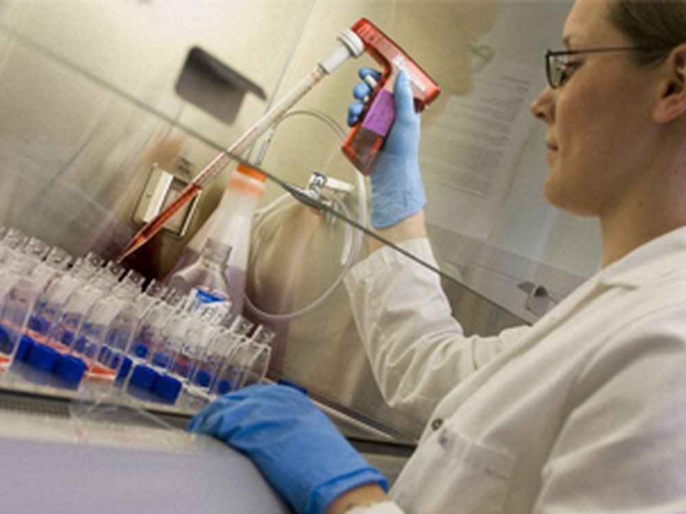 Researcher working with test tubes in a lab