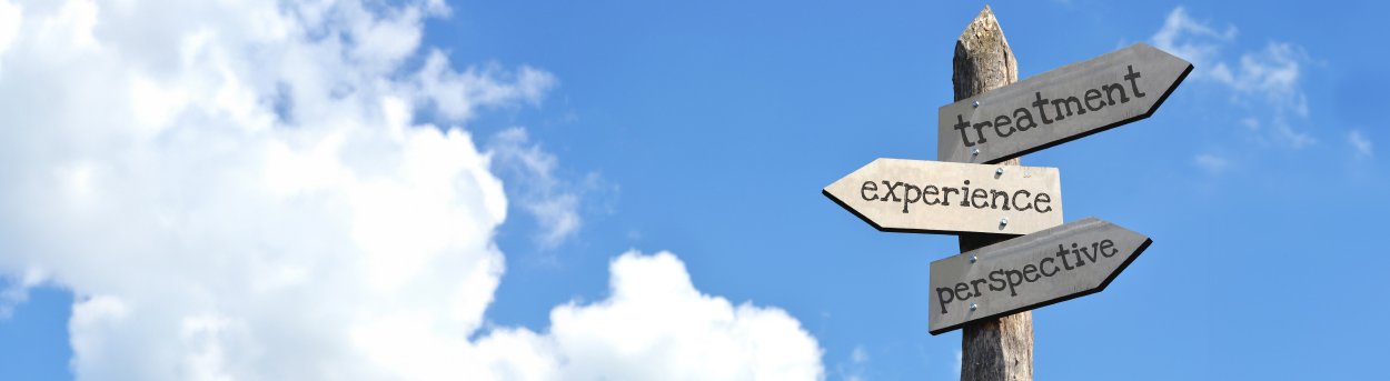 A road sign with blue sky behind with the words treatment, experience and perspective