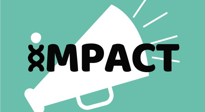 IMPACT logo with an illustration of a white megaphone on a green background