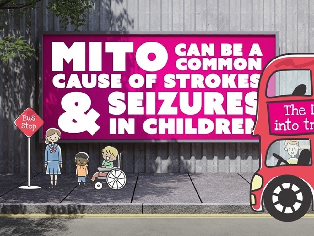 Illustration of a billboard with a hard-hitting fact about mito in children