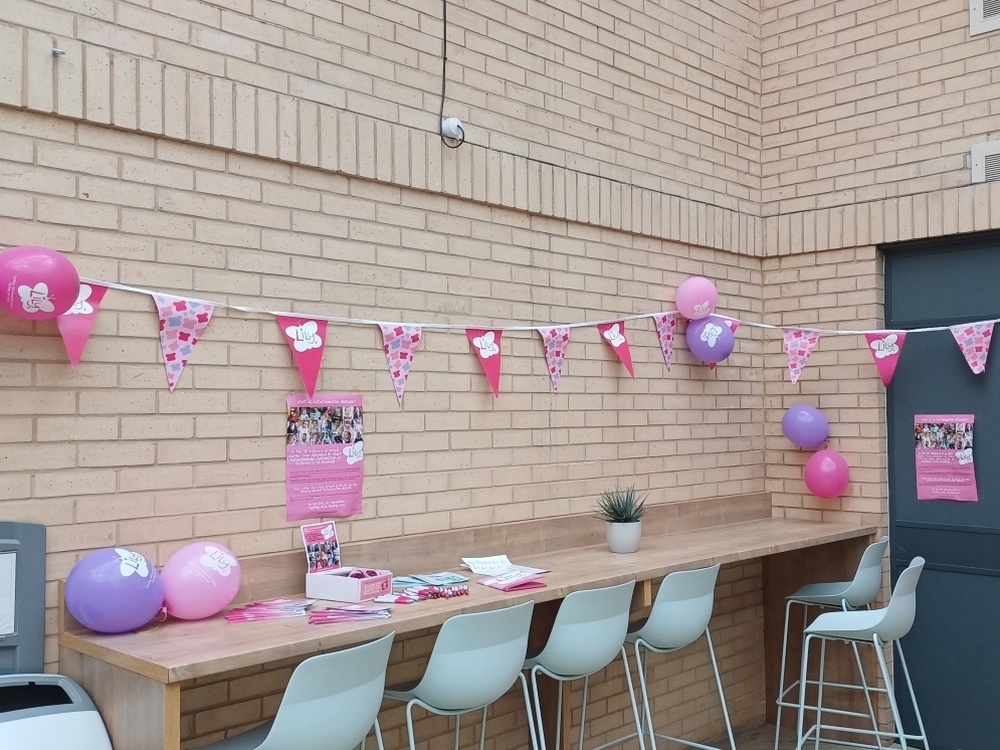 An awareness stand of balloons and bunting for The Lily Foundation charity