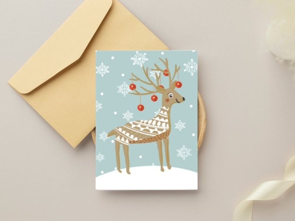 A Christmas card with a reindeer design and envelope on a surface