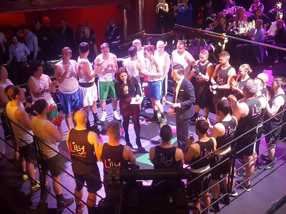 All the boxers crowded on stage at the Clapham Grand for Lily fight night