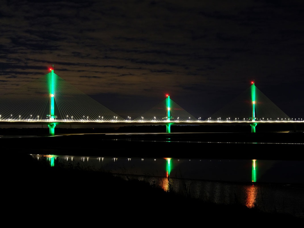 The Mersey Gateway Bridge lit up green for mito awareness