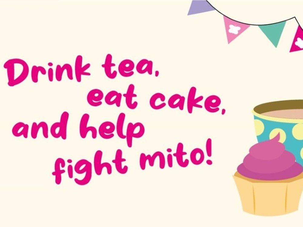 The secret ingredient to helping mito patients? You! - Illustration of teacup, cake and bunting in pastel colours advertising Mito Communi-TEA event