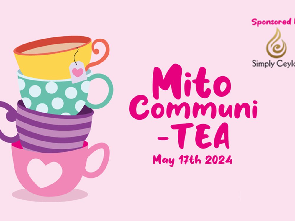 Introducing our Mito Communi-TEA event! - Illustration of stacked teacups in pastel colours advertising Mito Communi-TEA event